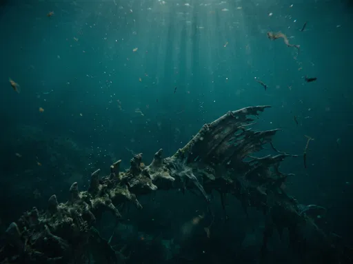 Submerged Skeletal Spine and Tattered Fin