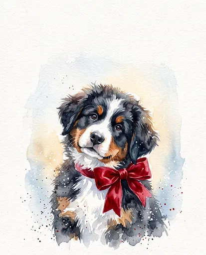 Watercolor Bernese Mountain Dog Puppy With Bow