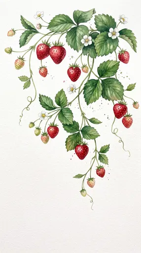 Watercolor Cascading Strawberry Vine Botanical Illustration