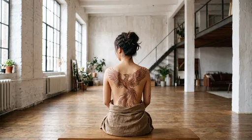 Woman With Phoenix Back Tattoo in Loft