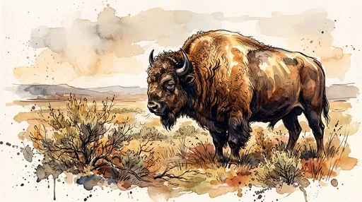 Watercolor Illustration of Beefalo in Autumn Sagebrush