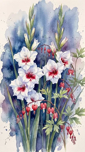 Watercolor White Gladiolus and Bleeding Hearts