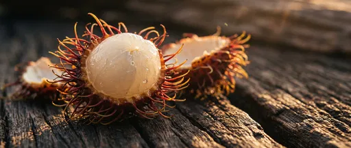 Halved Ripe Rambutan on Weathered Wood