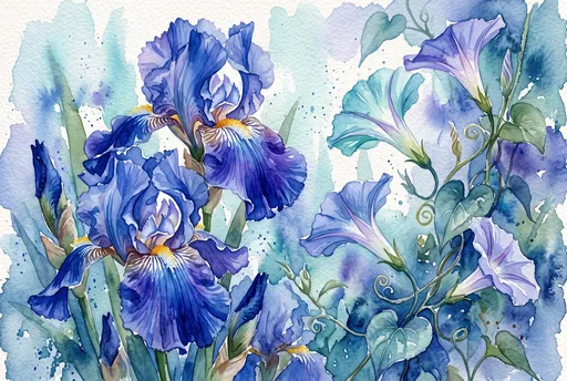 Blue Irises and Morning Glories Watercolor