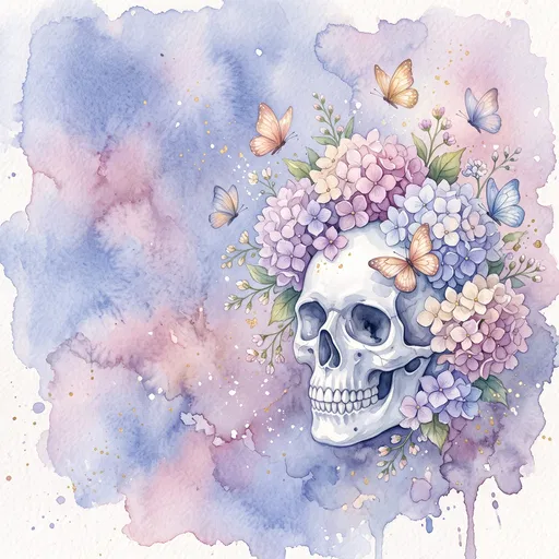 Watercolor Skull With Hydrangeas and Butterflies