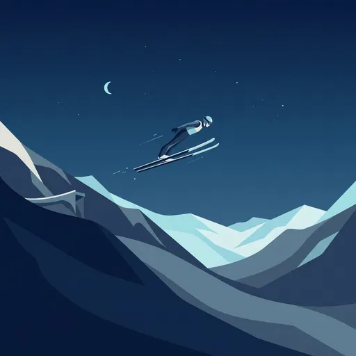 Minimalist Ski Jumper Over Night Mountains