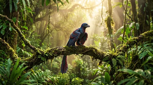 Feathered Microraptor Perched on Mossy Jungle Branch