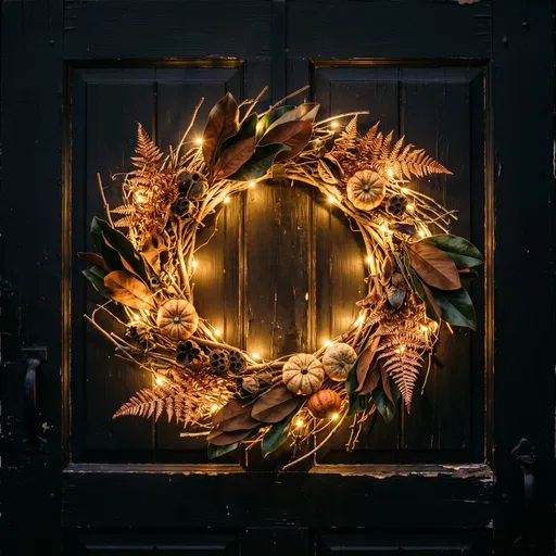 Illuminated Autumn Wreath on Black Door