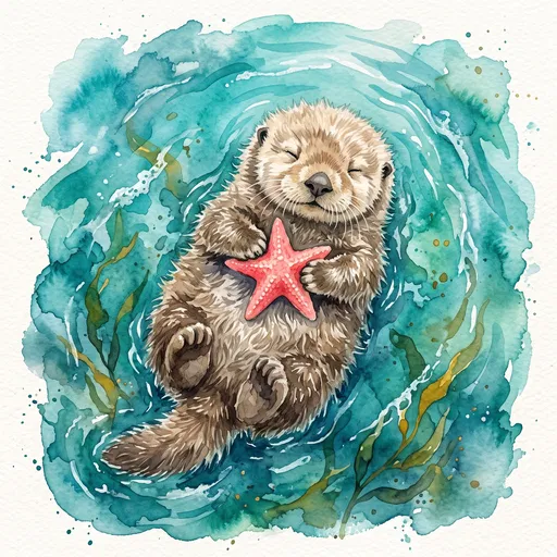 Watercolor Sea Otter Holding Coral Starfish
