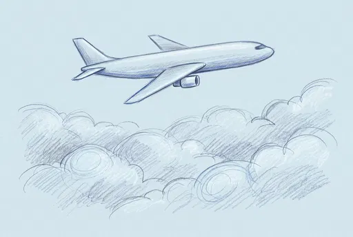 Colored Pencil Sketch of Airplane Above Clouds