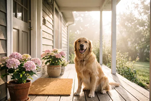 Golden Retriever Sitting on Sunny Front Porch