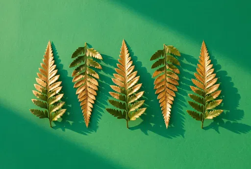 Gold-Dipped Fern Fronds on Green Background