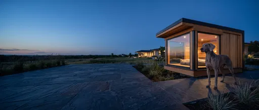 Weimaraner Next to Modern Glass Doghouse