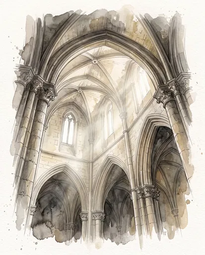 Watercolor Gothic Church Vaulted Interior Illustration