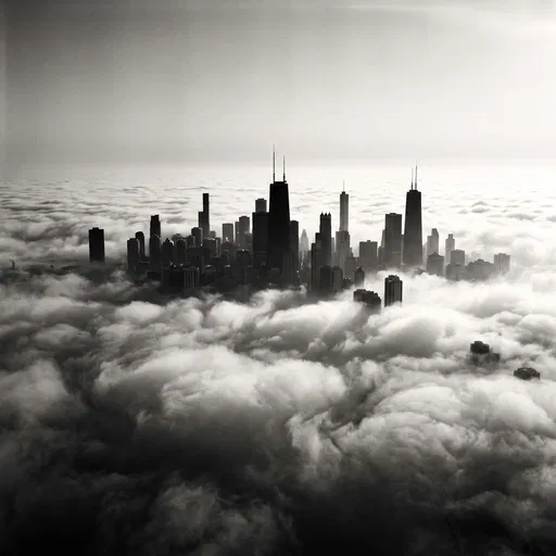 Monochrome City Skyline Above Dense Fog