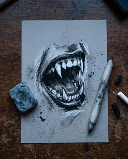 Charcoal Drawing of Fanged Mouth