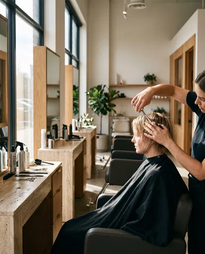 Hairstylist Cutting Short Blonde Hair in Salon