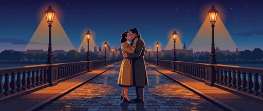 Couple Kissing on Illuminated Stone Bridge