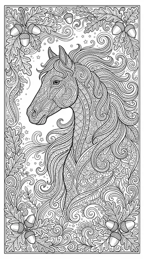 Zentangle Horse Profile Coloring Page with Oak Border