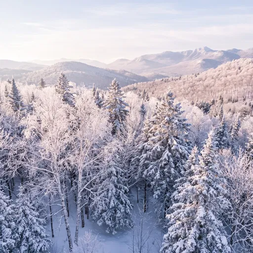 Frosty Winter Forest and Distant Mountains