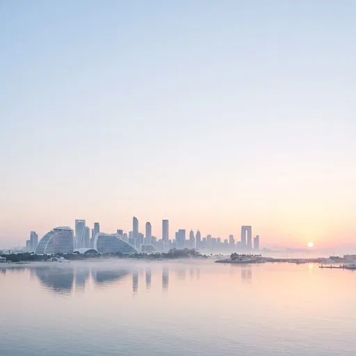 Pastel Sunrise Over Modern Coastal City Skyline