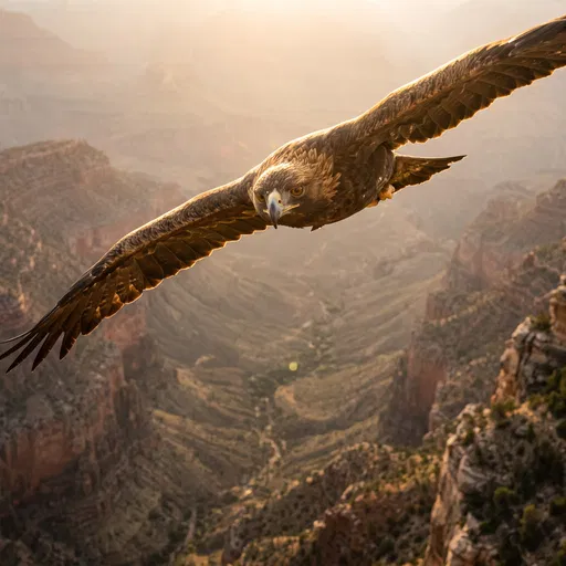 Golden Eagle Gliding Over Canyon at Sunset