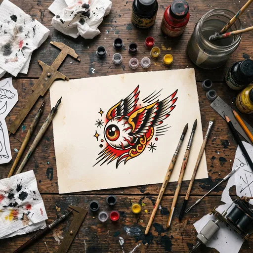 Winged Eyeball Tattoo Flash on Artist Workbench