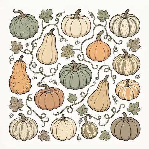 Muted Cartoon Pumpkins and Vines Illustration