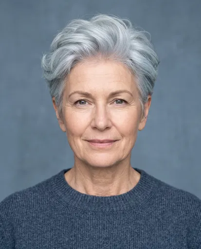 Mature Woman With Silver Pixie Cut