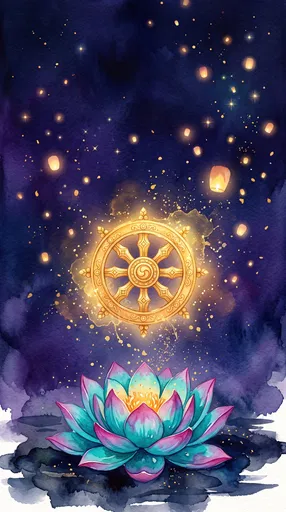 Golden Dharma Wheel and Lotus Watercolor