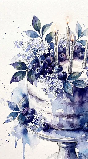 Watercolor Blueberry Floral Birthday Cake