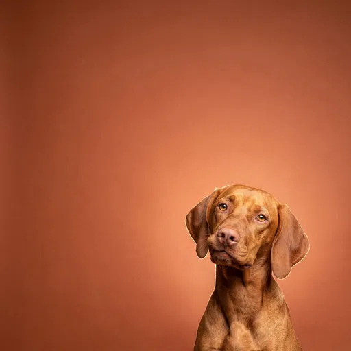 Smirking Vizsla Dog on Terracotta Background