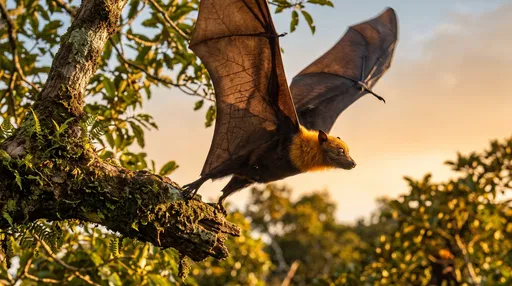 Golden-Crowned Flying Fox Launching at Sunset