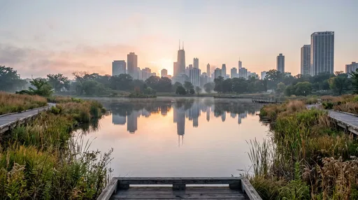 Chicago Skyline Sunrise Reflection Over Park Pond