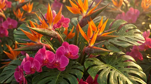 Tropical Bird of Paradise and Orchids at Sunrise