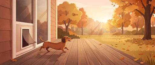 Dachshund Exiting Pet Door in Autumn