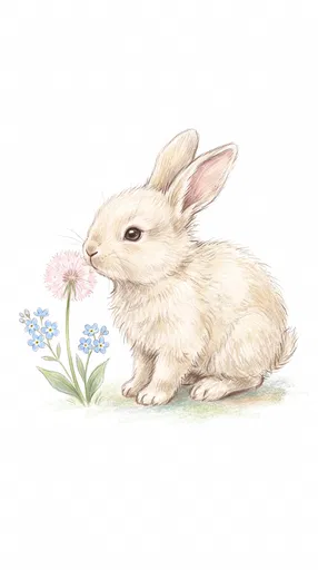 Pastel Bunny Sniffing Spring Flowers Illustration