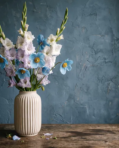 Gladiolus and Blue Poppies in Ceramic Vase
