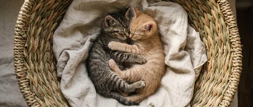 Two Tabby Kittens Sleeping in Basket