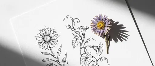 Botanical Ink Drawings and Purple Aster