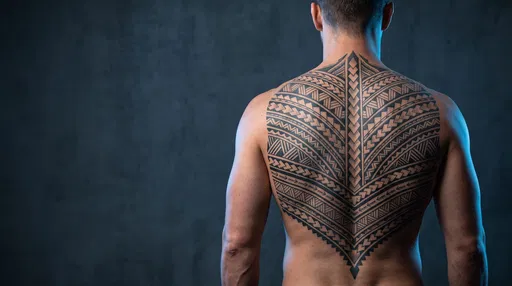 Man With Geometric Polynesian Back Tattoo