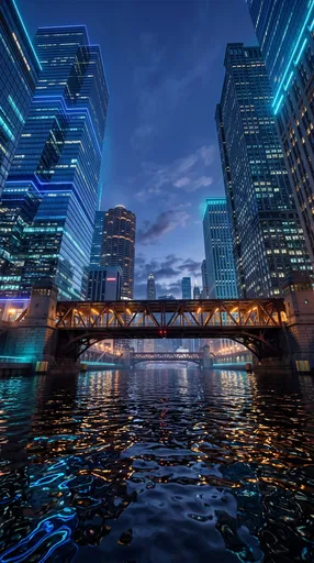 Illuminated City River Bridge and Skyscrapers at Dusk
