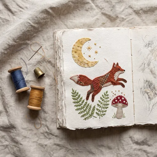 Embroidered Folk Art Fox in Handmade Notebook