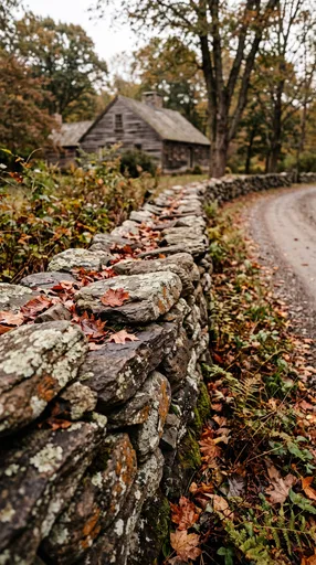 Autumn Stone Wall and Rustic Farmhouse