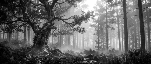 Monochrome Gnarled Pine in Foggy Forest