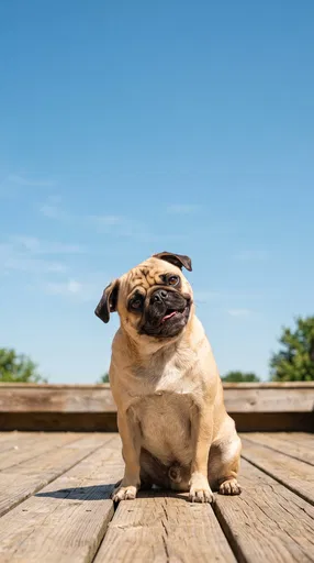 Curious Fawn Pug on Wooden Deck