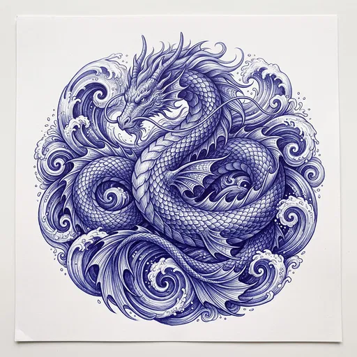 Blue Ink Sea Dragon Drawing
