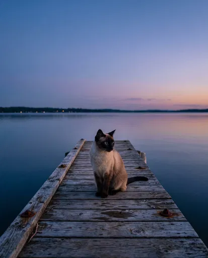 Siamese Cat on Wooden Pier at Dusk