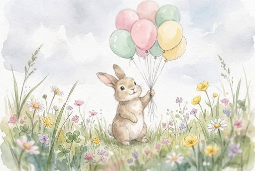 Watercolor Bunny Holding Pastel Balloons in Meadow