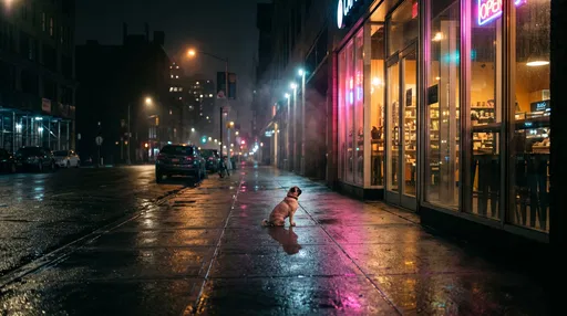Fawn Pug Waiting Outside Neon Storefront